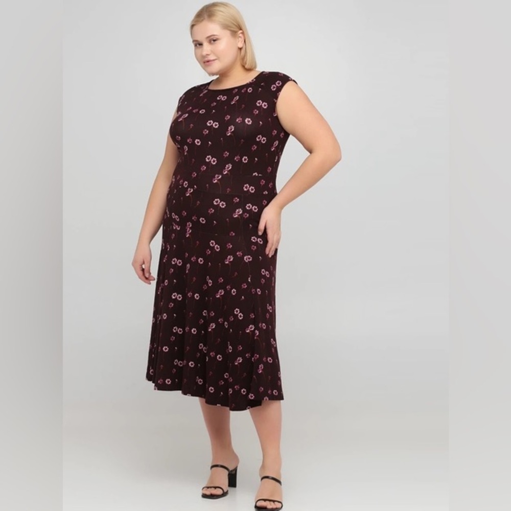 Lands End Casual Flared Coffee Brown Floral Midi Dress Size 10-12